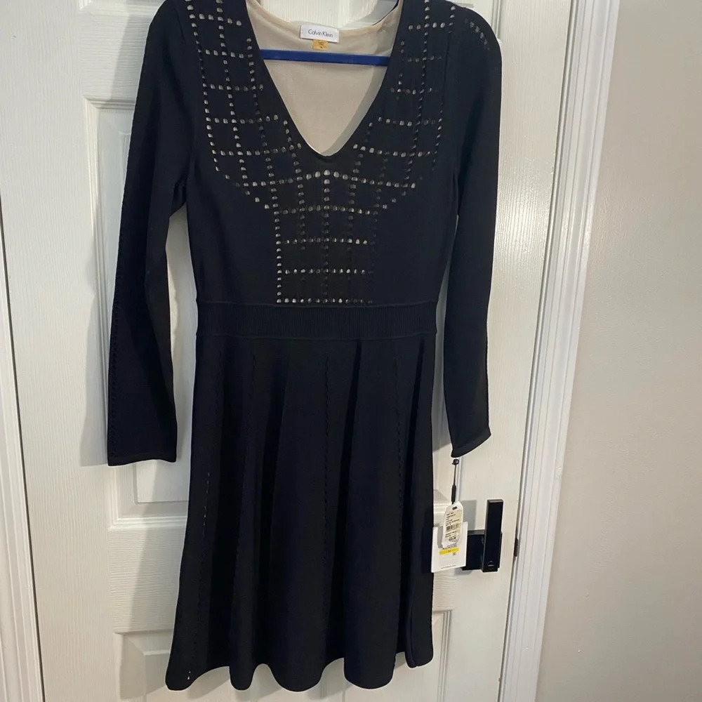 Calvin Klein Black Knit Cutout Midi Dress M Long Sleeve NWT Elegant - Picture 2 of 8